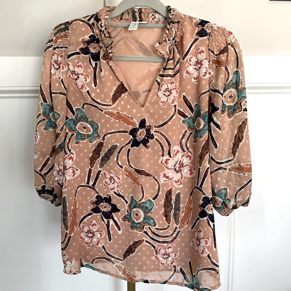 JOIE Floral & Polka Dot Top in Peachy Tan Color, Size Medium